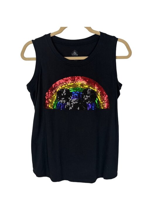 Disney Tops - ✨3/$30 Disney S Womens Black Tank Top Sequin Mickey Mouse Rainbow Design Pride